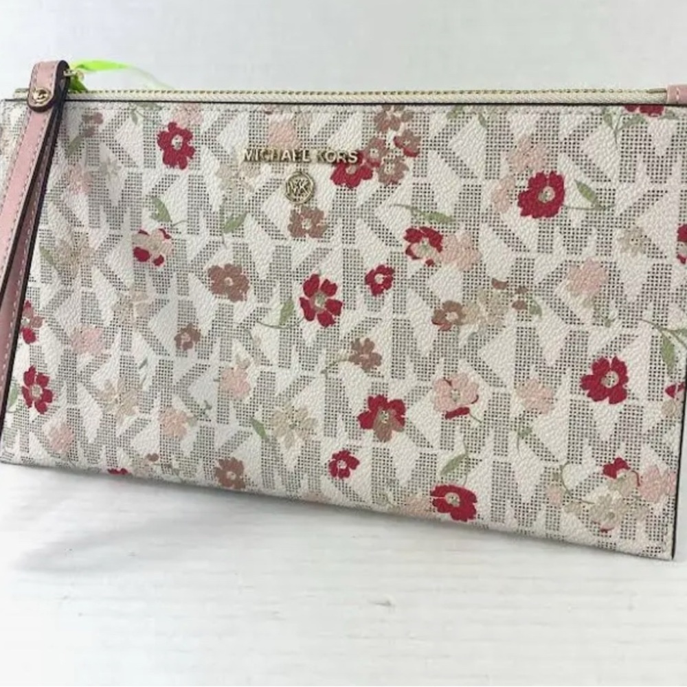 Michael Kors Pink Floral Logo Wristlet with Gold Hardware NWOT - Picture 2 of 11